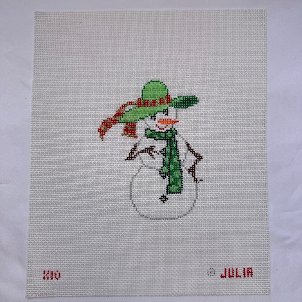 Vtg Snow Lady Christmas Needlepoint Canvas Julia Green Hat Scarf Hand Painted